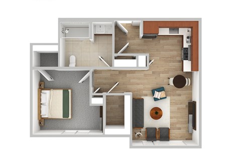 Floor plan for 1 bed, 1 bath, 656 sqft
